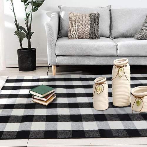KOZYFLY Buffalo Plaid Area Rugs Black White Checkered Rug Washable Outdoor Rug - Picture 8 of 16