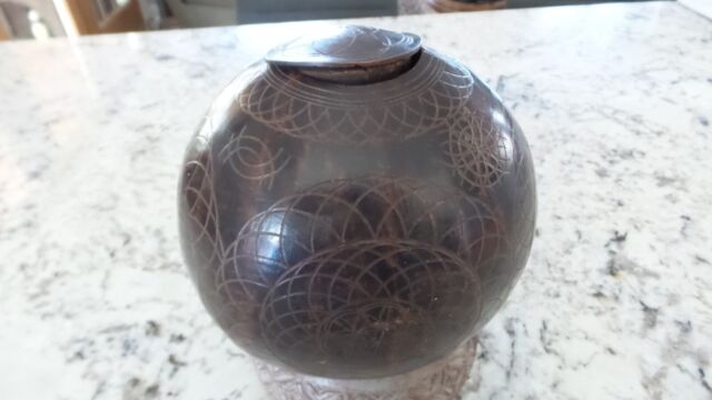 Rare Large Antique Carved Coconut w/Geometric Designs From South Pacific