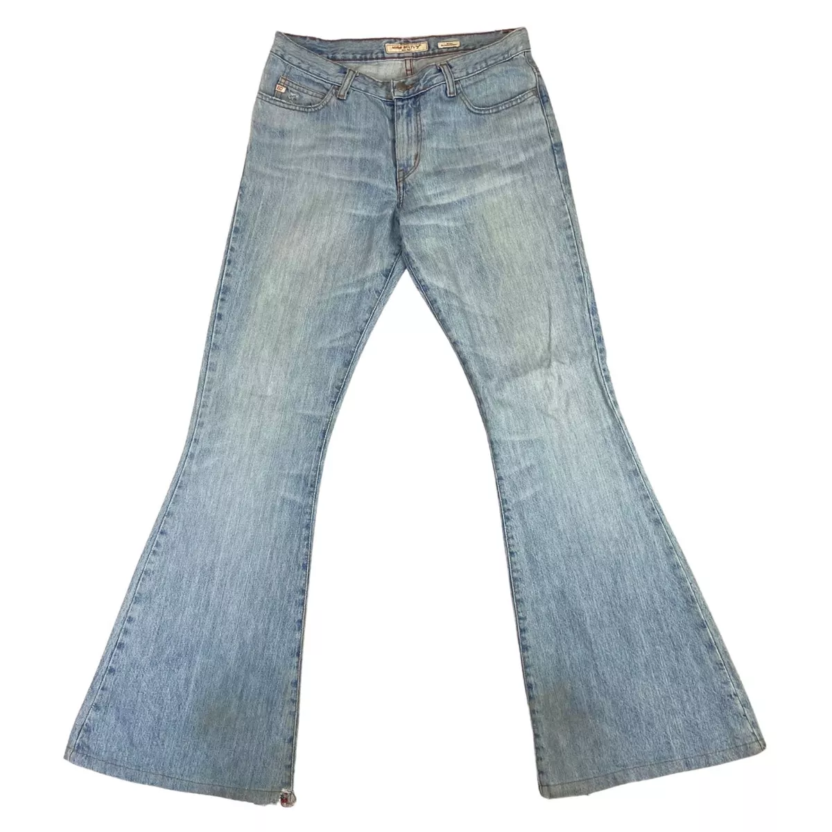 Vintage 90s Y2K Light Blue Miss Sixty Mid Rise Bleached Flared Jeans 12 14 M