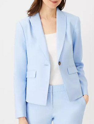 ANN TAYLOR BLUE THE SHORTER ONE BUTTON PEAK LAPEL LINEN TWILL BLAZER JACKET SZ 4