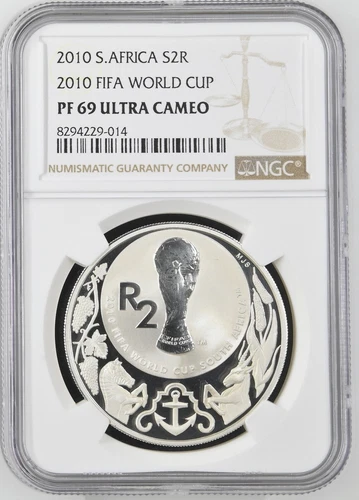 World Cup 2010 South Africa r2 2 rand silver Football Soccer FIFA NGC PF 69 UC
