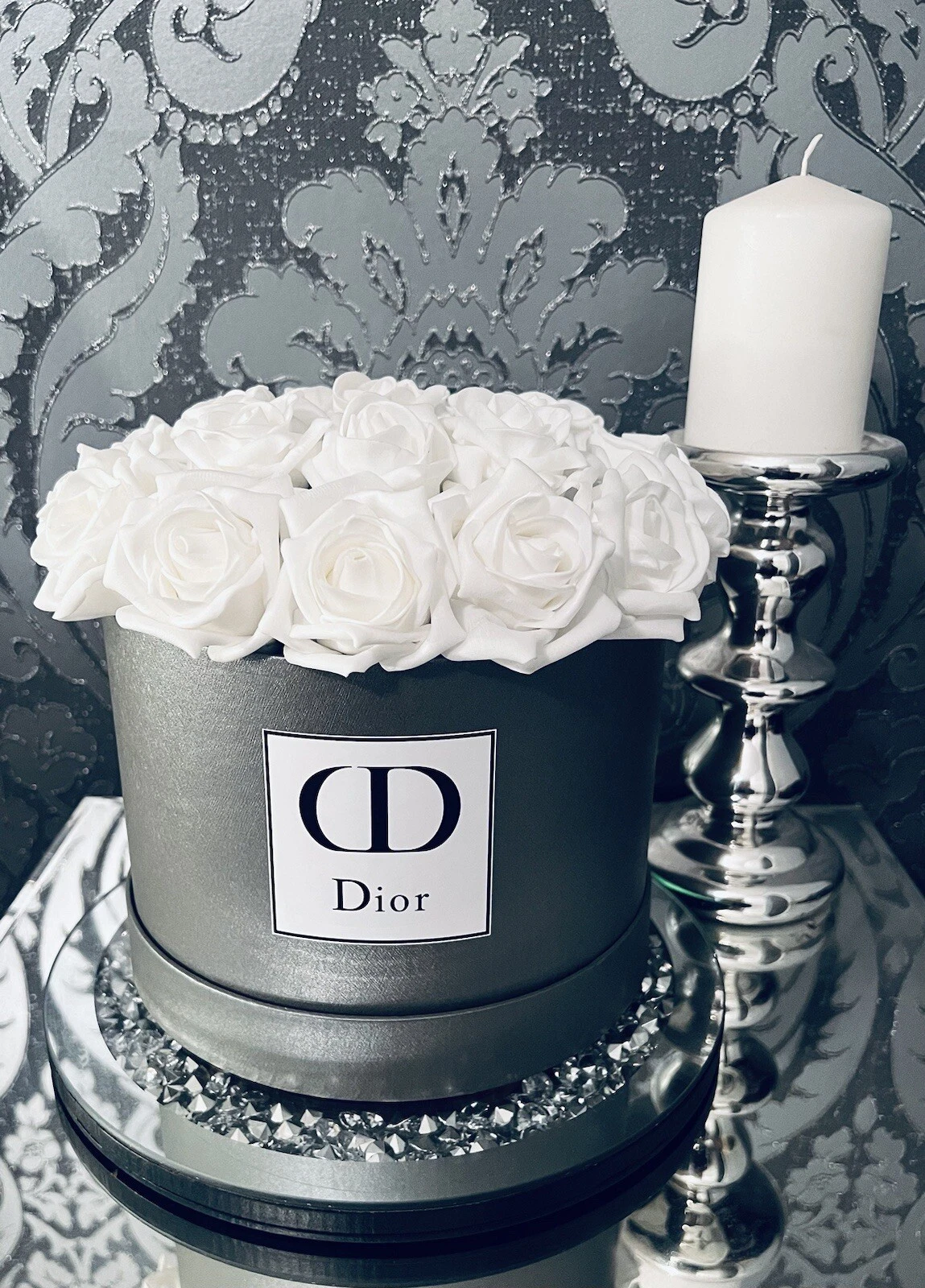 Boîte à Chapeau Fleur Designer Gris Et Blanc Roses Fausse Décoration Maison Cadeau Mariage