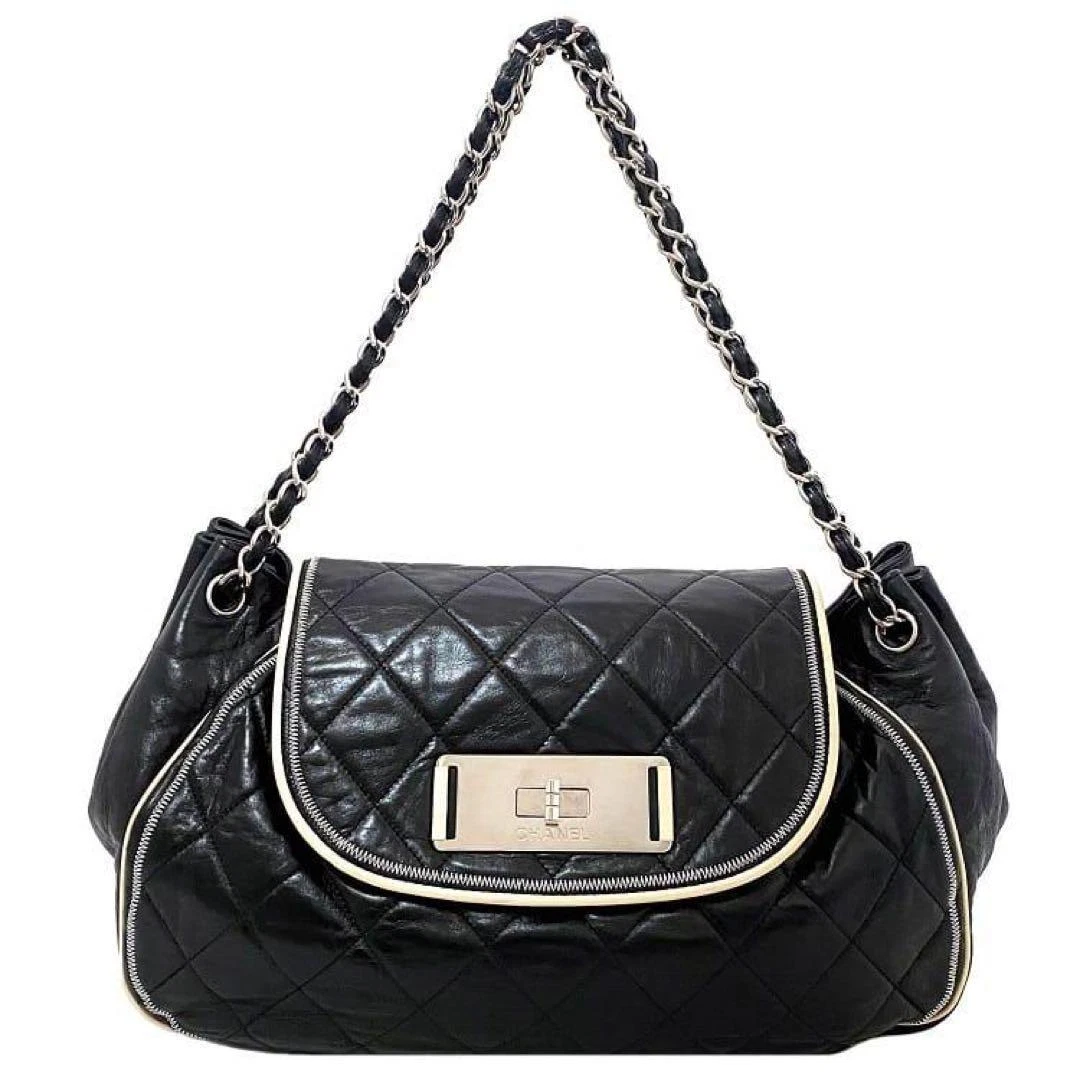 Chanel Quilted Lambskin Leather Tote Beige And Black with Silver