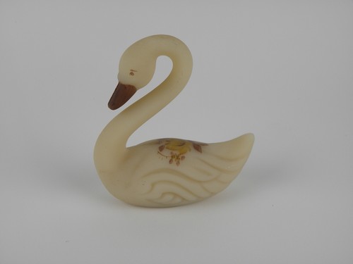 Vintage Fenton Chocolate Roses Custard Satin Swan 4"~Signed