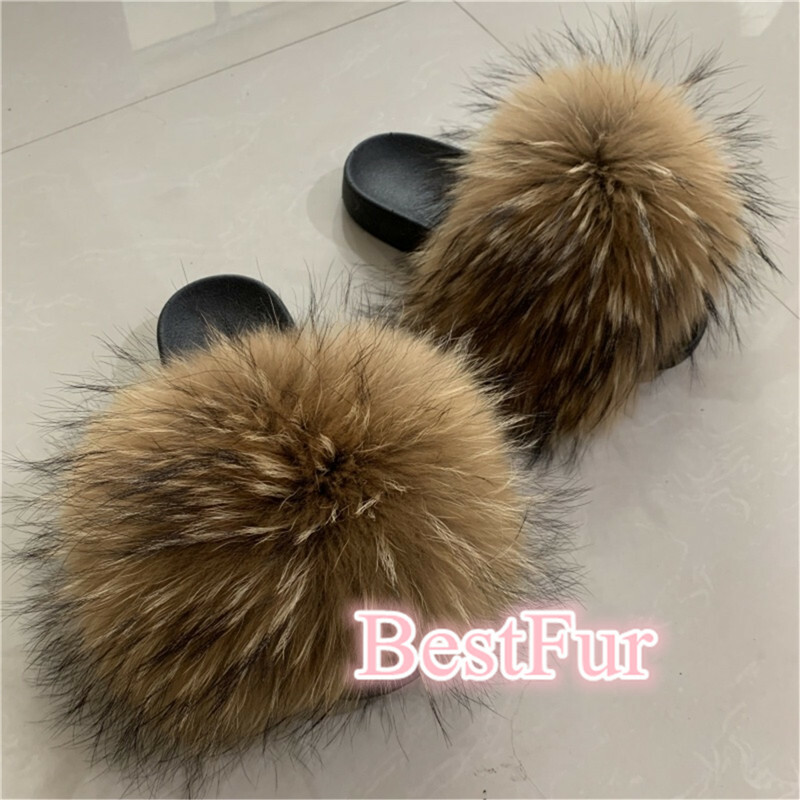 SAOLA Ciabatte ciabatte scarpe basse Max Large XXL vera pelliccia di procione marrone naturale