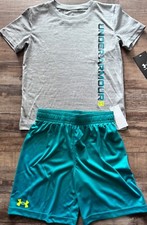 NWT Under Armour Little Boys 6 Gray/Teal/Neon Yellow Logo Shorts Set