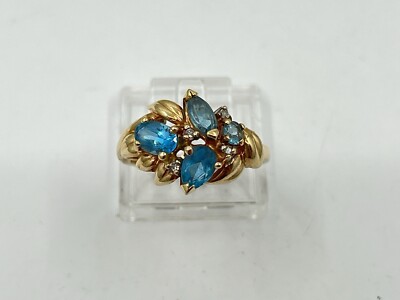 Alwand Vahan AV 10k Yellow Gold Blue Topaz & Diamond Ring Sz 6.75 3.9g