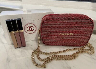 BNIB Authentic CHANEL Sheer Genius Lipgloss Trio Gift Pouch Set w/ Gold Chain