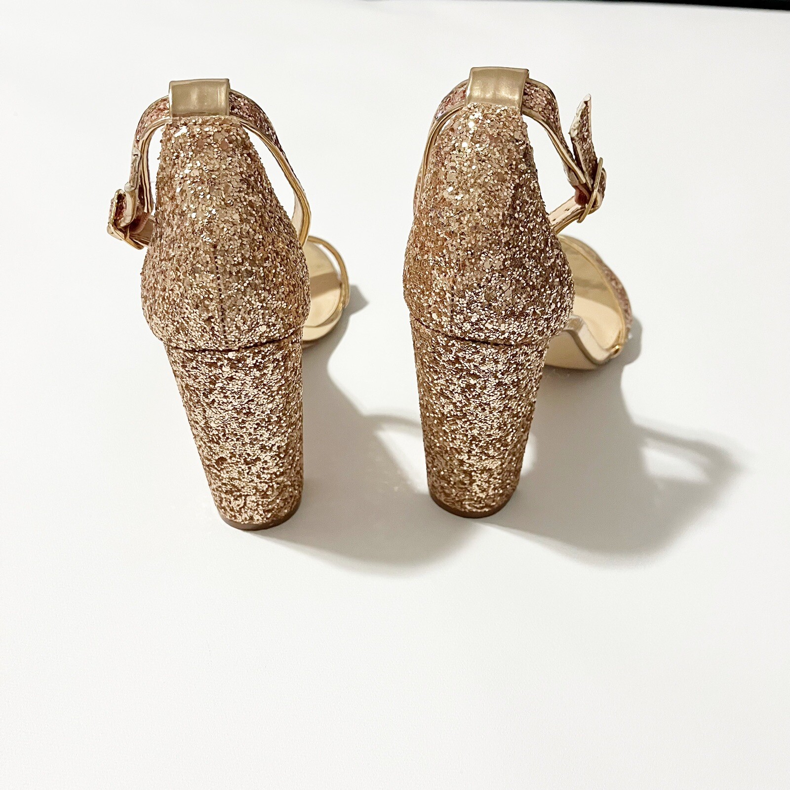 Lulus Perrie Rose Gold Glitter Block Heels Gem