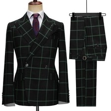Men's Black Green Plaid Suits Double Breasted Jackets Pant 2 Piece Groom Suits