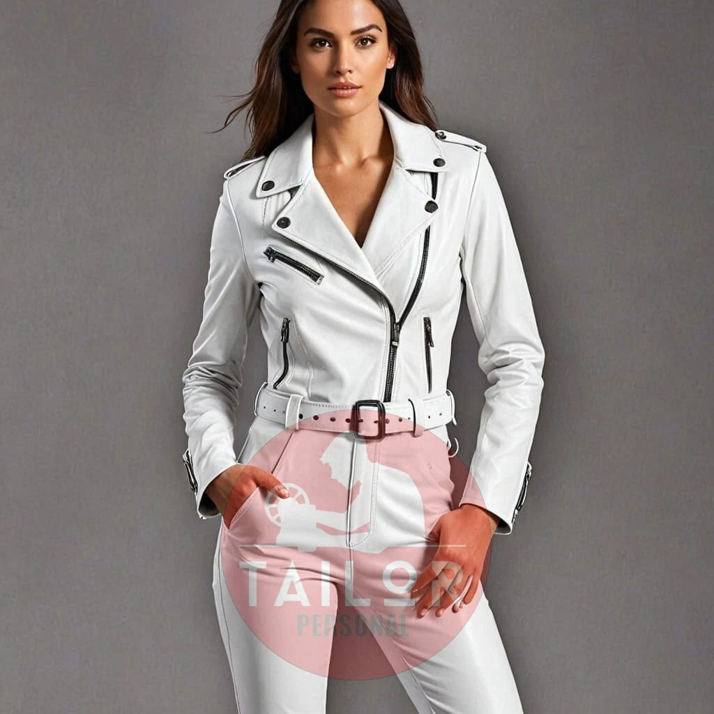 Women's Lambskin Leather White Catsuit Front Zipper Tight Fit Kink Lady Jumpsuit