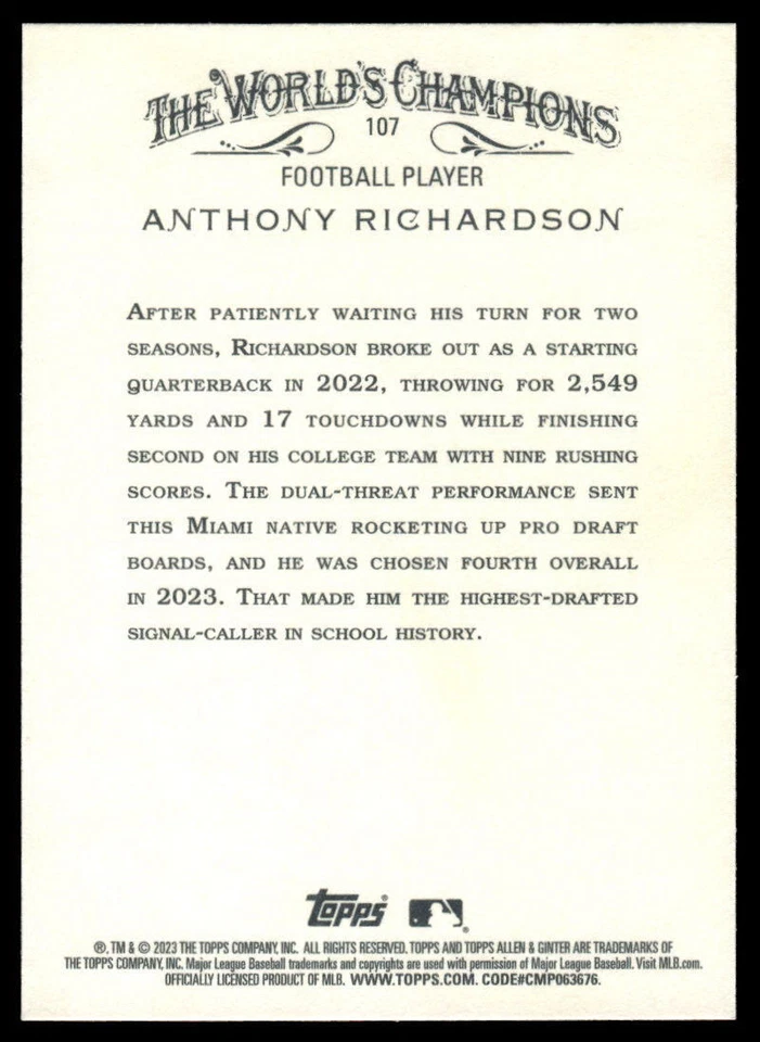 2023 Topps Allen & Ginter X Anthony Richardson #107 RC Colts - Image 2 of 2