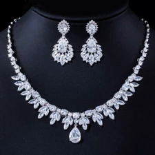 Sparkly Silver Plated Cubic Zirconia Leaf Necklace Earrings Wedding Jewelry Set