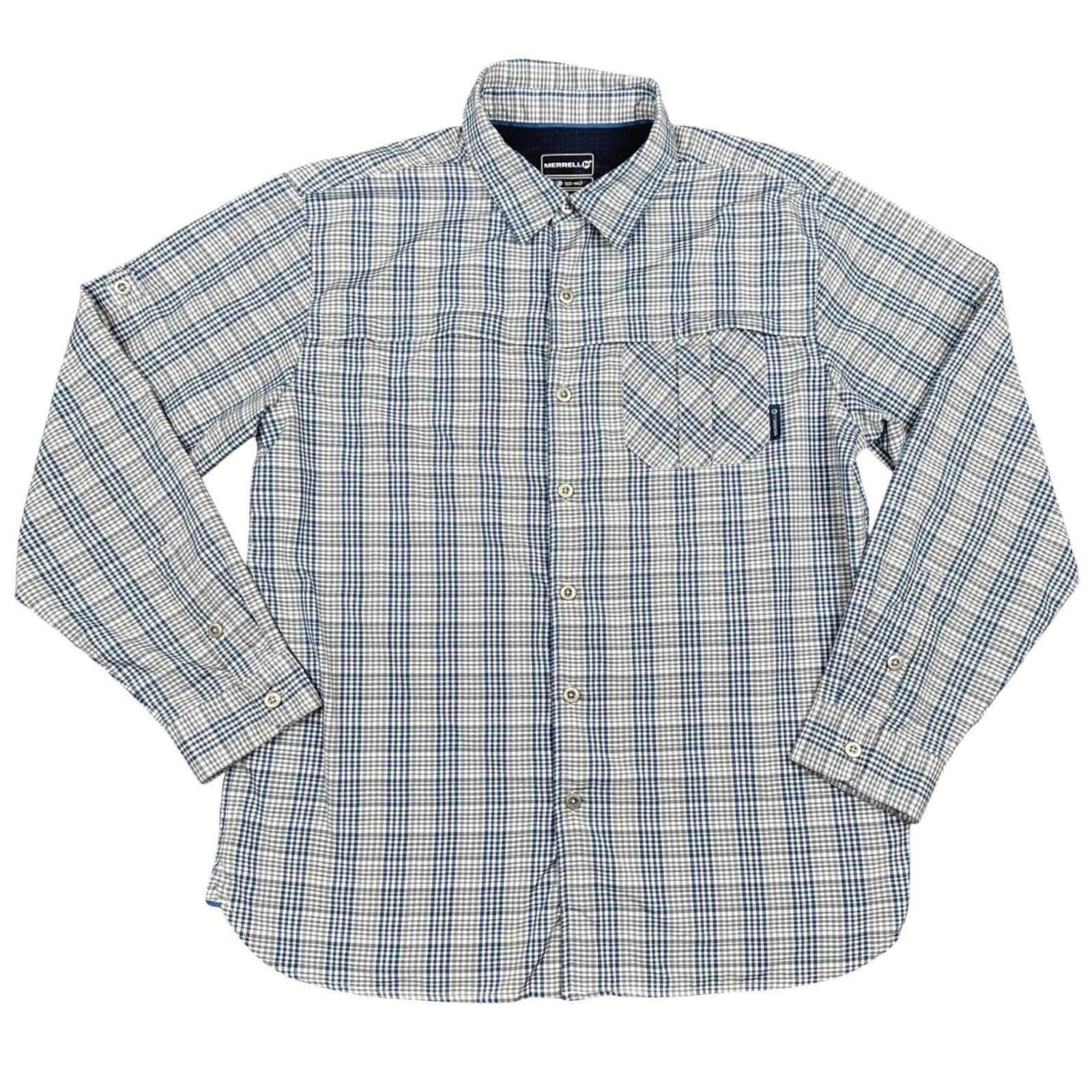 Merrell Opti-Wick Hiking Shirt Mens Large Blue Gingham Plaid UPF 50 Outdoor
