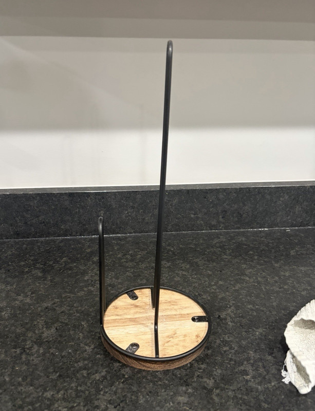 Freestanding Paper Towel Holder Black Metal w/ Oak Wood Grain Base 13in