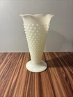 Vintage White Hobnail Milk Glass Vase  Anchor Hocking Scalloped Rim 9.25” Tall