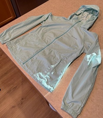 Columbia Womens Medium Mint Aqua Hooded Rain Jacket Windbreaker Shell Full Zip