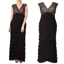 Adrianna Papell Black Lace Shuttle Tiered Maxi Ruffle Gala Gown 16 Plus