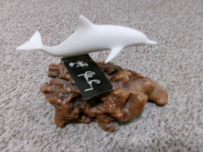 NWT John Perry Sculpture Dolphin Statue On Burlwood Base