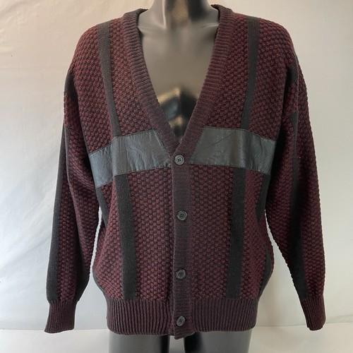 Vintage Knit Cardigan Sweater Chapel Hill Mens L Acrylic w Leather Trim Grandpa