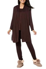 Nina Leonard Women 3-piece Shawl Cardigan Tank & Pant Set Coffee Bean