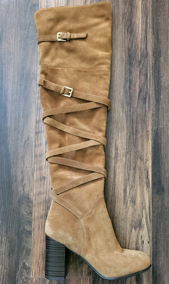 Sam Edelman Sable Tostado Gamuza Cuero Sobre la Rodilla 3.5" Tacón Botas Hebillas Talla 6m Foto 2 de 4