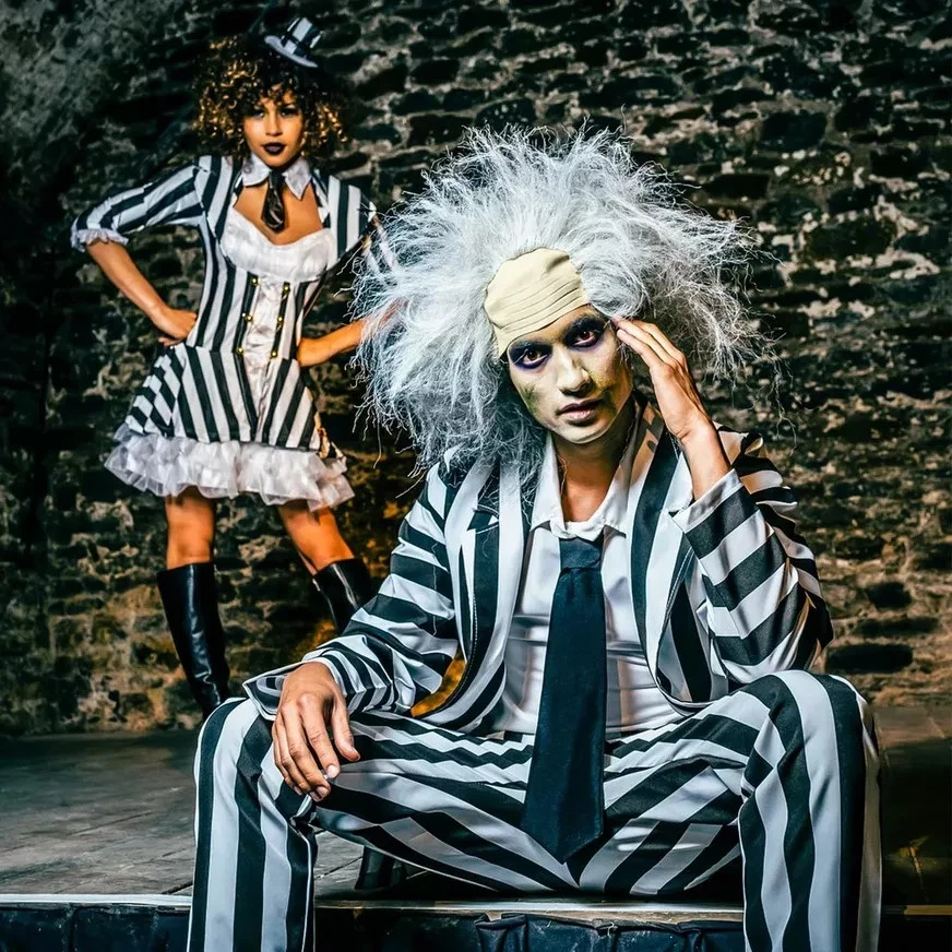 Hombre Beetlejuice Disfraz De Lujo Negro Blanco Rayas Traje Adulto Halloween Foto 4 de 4