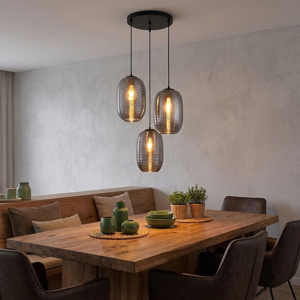 LED Pendellampe HäNgeleuchte Esszimmerlampe Metall Rauchglas 3-Flammig H 120 Cm-image