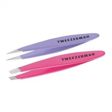 Tweezerman Mini Oval Slant and Point Tweezer Combo, Stainless Steel, Purple Pink