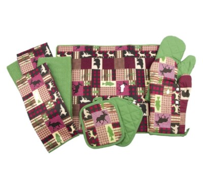 Woodland Creek Cabin & Wildlife Themed 9 PC Kitchen Linen Set in Green/Red