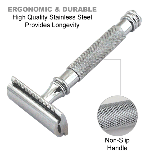 (4.2") LONG HANDLED DOUBLE EDGE SAFETY RAZOR FOR MEN'S SHAVE + 10 SHAVING BLADES - Picture 4 of 6