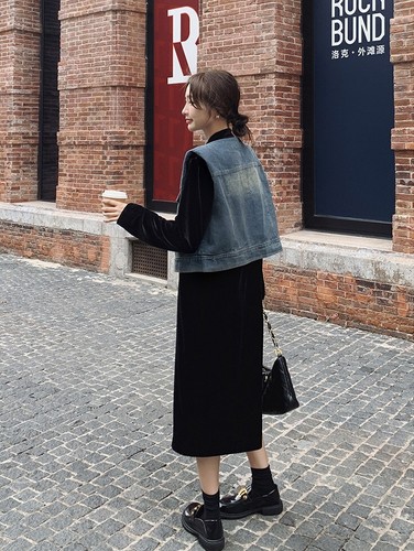 Midi Dress Denim Vest Set Women Long Sleeve Round Neck Black Velvet Size 6-14 - Picture 17 of 18