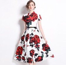 Womens 2024 Fashion Rose Print Shirt Collar Short Sleeves Belt Flared Dress 1495