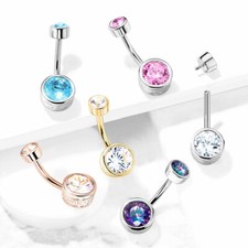 Bezel Set CZ Stamped Sides 316L Surgical Steel Navel Belly Button Rings