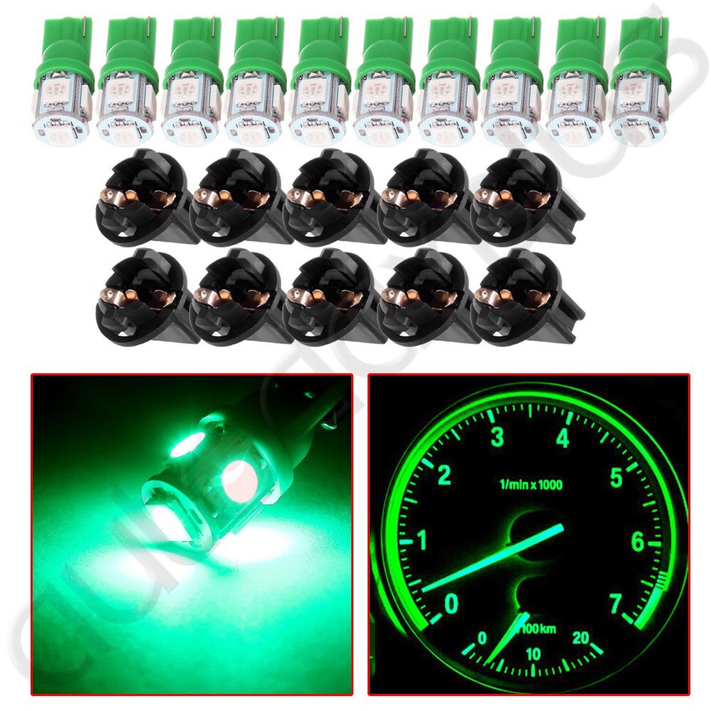10Pcs Green 5-5050-SMD LED Instrument Cluster Panel Light Bulb W/ Socket T10 168