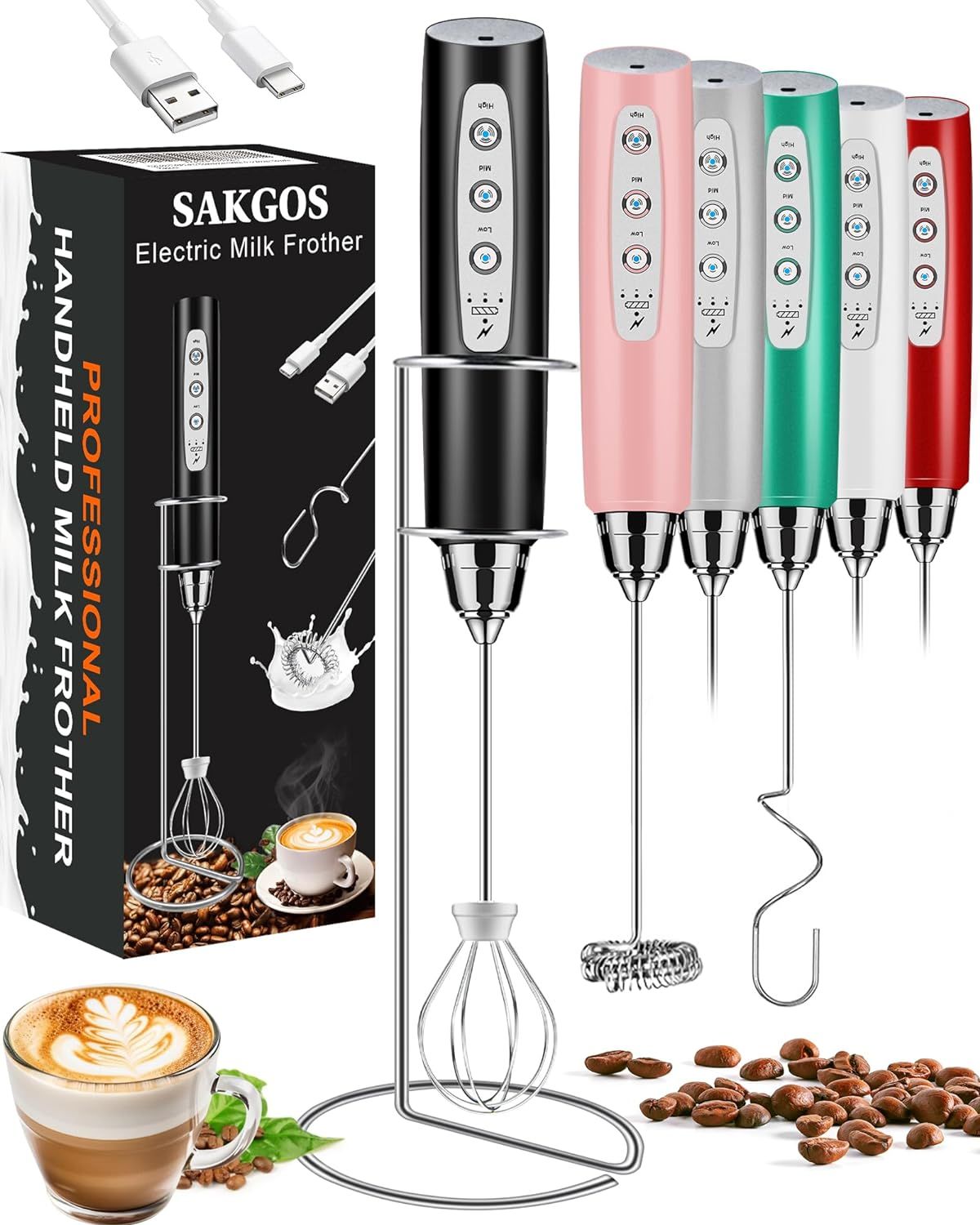Milk Frother w/ Stand Rechargeable-Handheld Frother w/ 3 Stainless Whisk-3 Speed-image