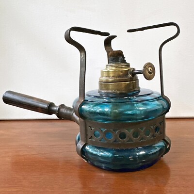 Antique French Alcohol Spirit Lamp Brass Burner Rare Blue Glass