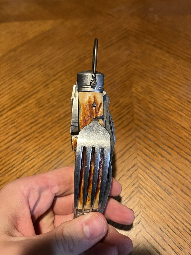 Vintage Stainless Steel Multi-Tool with Fork Spoon Knife Scissors Opener  