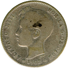 # ESPAÑA • 1 PESETA 1902 SMV• ALFONSO XIII ☆ PLATA (.835) ☆ KM#706 Cal#59 ☆C8285