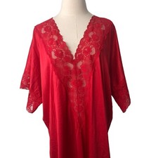 Vtg Danbury Nightgown Lipstick Red Nylon Lace V-Neck Caftan Kaftan Size Large