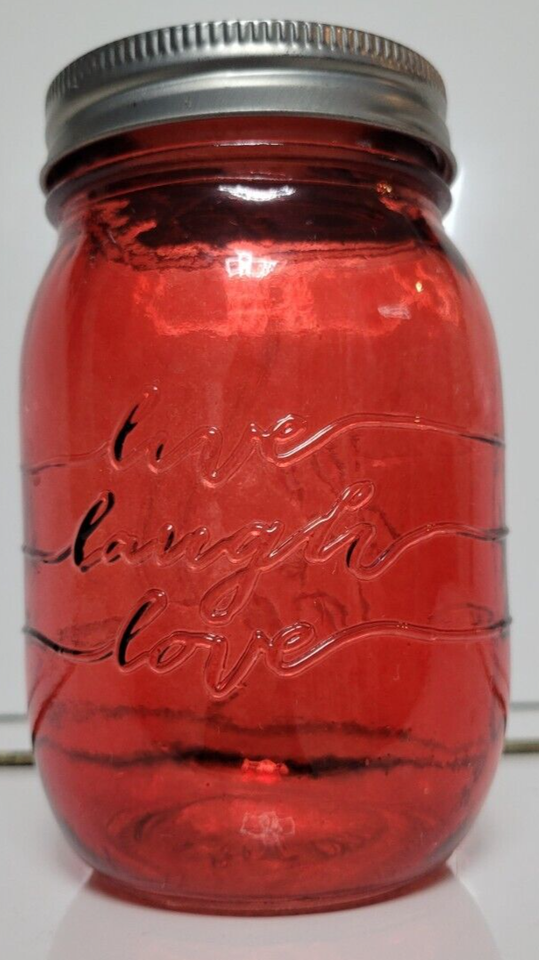 RED GLASS MASON DRINKING JAR SILVER LID AND STRAW LIVE LAUGH LOVE 5.25
