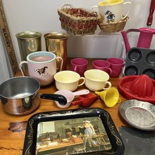 Huge Lot Of Plastic Metal Kitchen Tea Play Set Toys Vtg Mcm