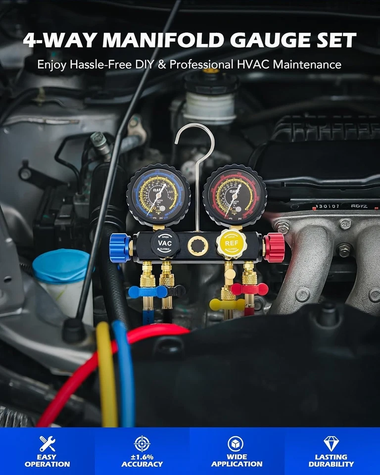 4路暖通空调交流仪表套装R410a R22 R134a带软管适配器可龙头 — 第 4/4 张图片