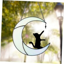 On Moon Suncatcher - Shiny Moon Stained Glass Window Hanging Black Cat
