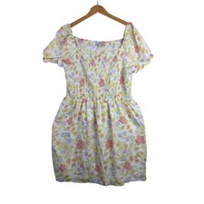 LOFT Gingham Flower Print Smocked Puff Sleeve Mini Dress size XXL White/Purple