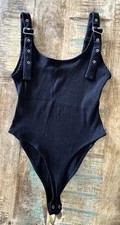 Forever 21 Black Ribbed Knit Bodysuit Buckle Straps Size S
