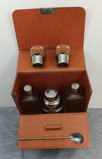 Vtg Travel Cocktail Set Shaker Mixer Shot Glass Germany US Zone in Leather Case