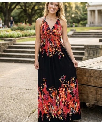 JOHN PAUL RICHARD Floral Print Maxi Dress Black Red Yellow Sleeveless V-Neck L