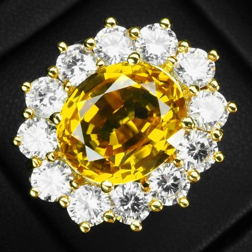 VIVID YELLOW SAPPHIRE OVAL 12.02CT 925 STERLING SILVER 24K GOLD RINGS SIZE 7.5