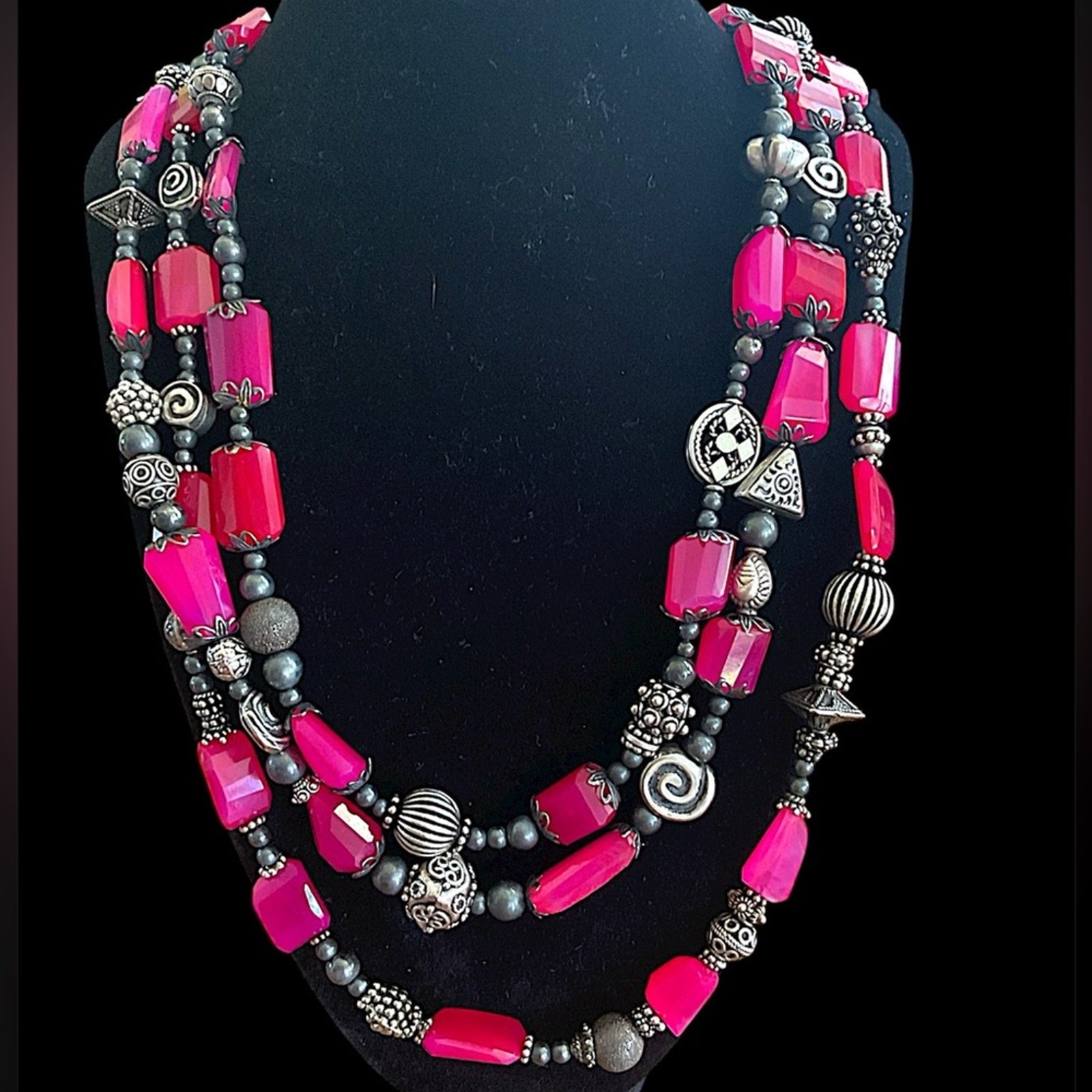 Vintage Lab Ruby Three Strand Statement Necklace - image 1